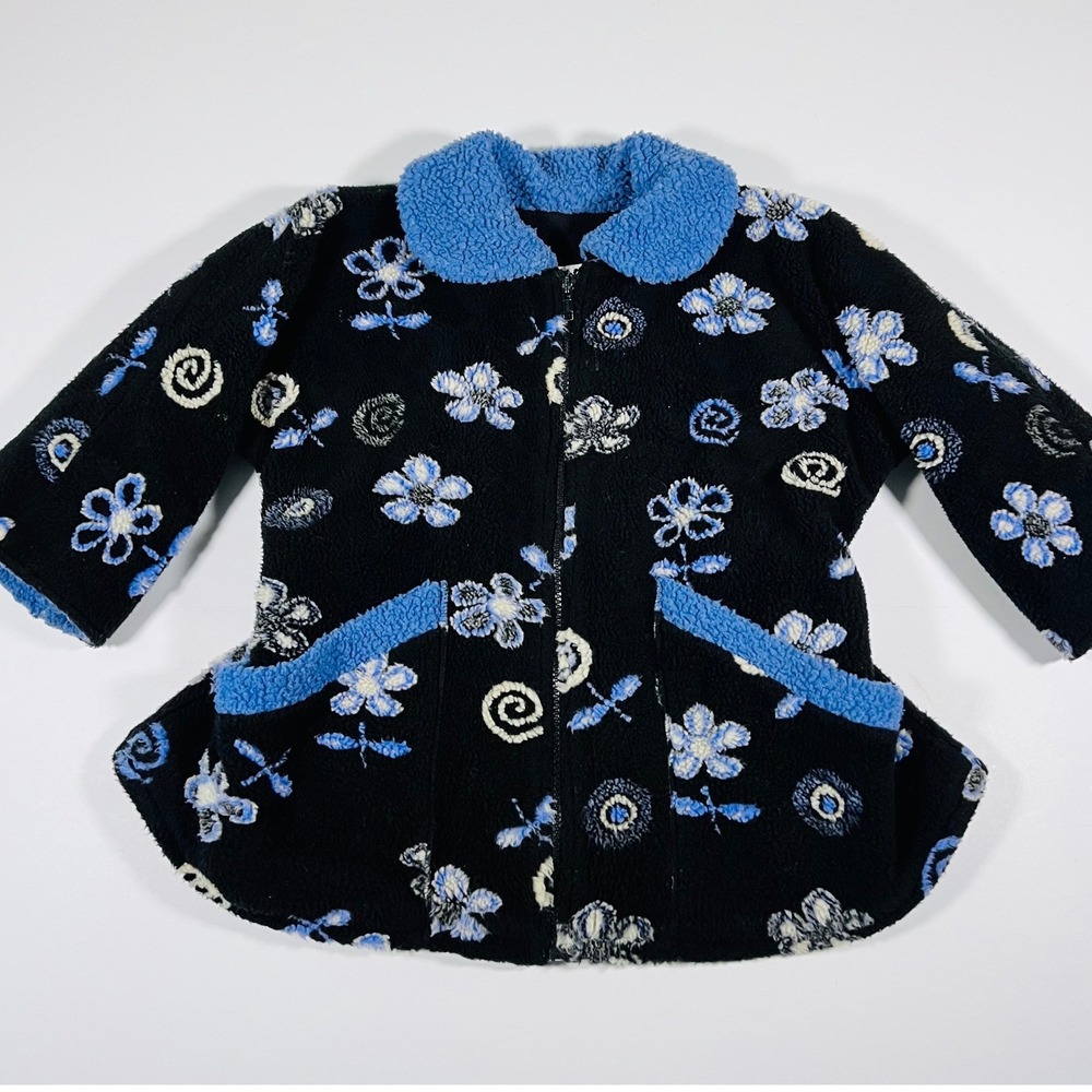 Vintage Corky & Company Girls 4T Fleece Swing Coat Floral Made USA Black Blue